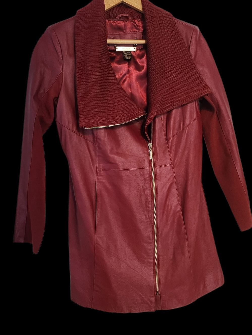 IMAN Women’s Burgundy Genuine Leather Jacket with Knit Shawl Collar Size XS